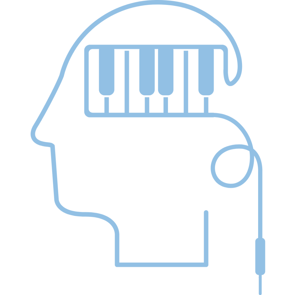 Outline of a human head with a piano keyboard inside the brain area and headphone cord extending from the ear